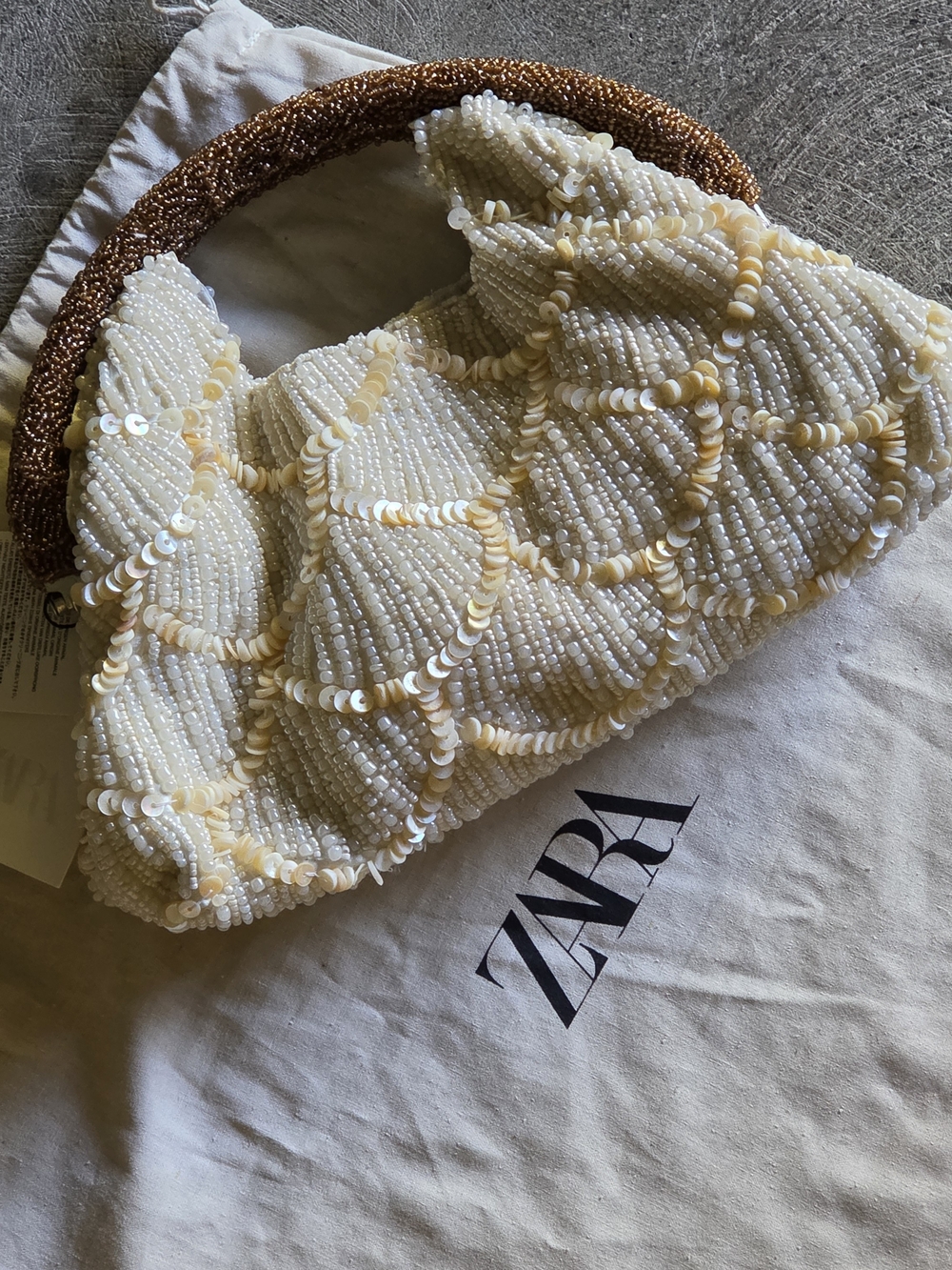 Zara Cream Beaded Clutch with Brown Beaded Handle